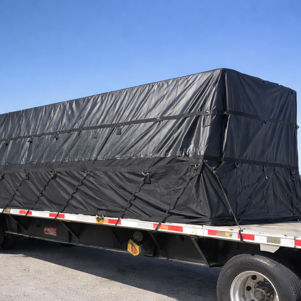 Black lumber tarp covering a flatbed load - TarpBoss